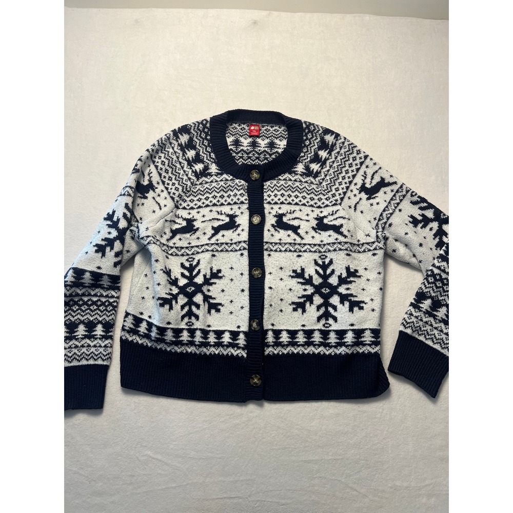 Dec. 25th XXL Cardigan Sweater Christmas Fair Isle Navy Blue Reindeer Snowflake